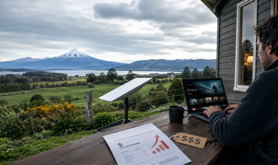 Antena Starlink instalada en zona rural de Chile, servicio de internet satelital de alta velocidad