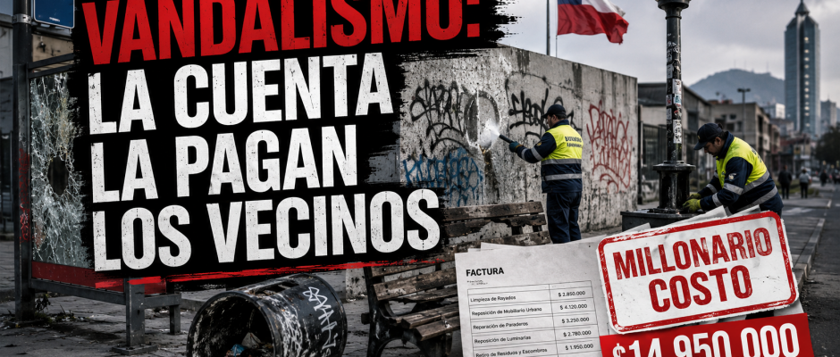 Imagen periodística sobre vandalismo urbano en Chile, con trabajadores municipales limpiando rayados y reparando espacios públicos dañados: La cuenta la pagan los vecinos