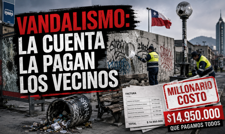 Imagen periodística sobre vandalismo urbano en Chile, con trabajadores municipales limpiando rayados y reparando espacios públicos dañados: La cuenta la pagan los vecinos