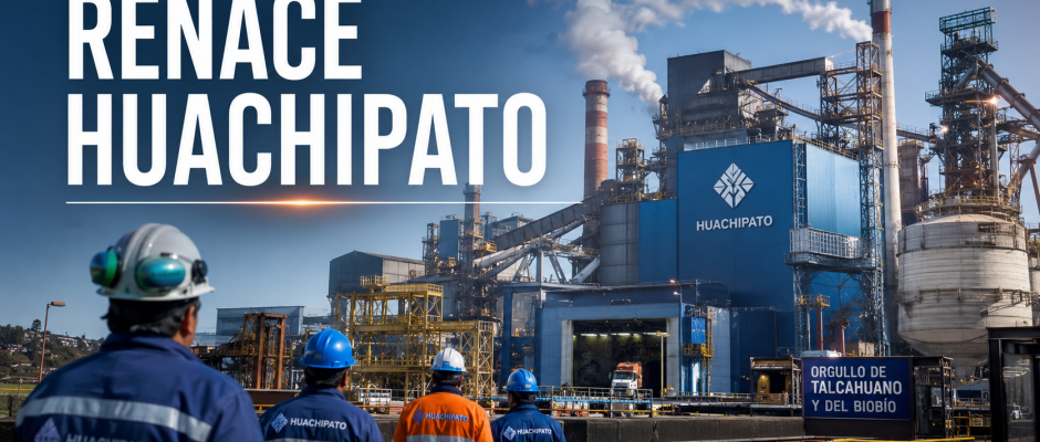 Imagen editorial de la planta industrial de Huachipato en Talcahuano con trabajadores con casco, humo controlado y texto “Renace Huachipato”, representando la reactivación del acero y el empleo en el Biobío.