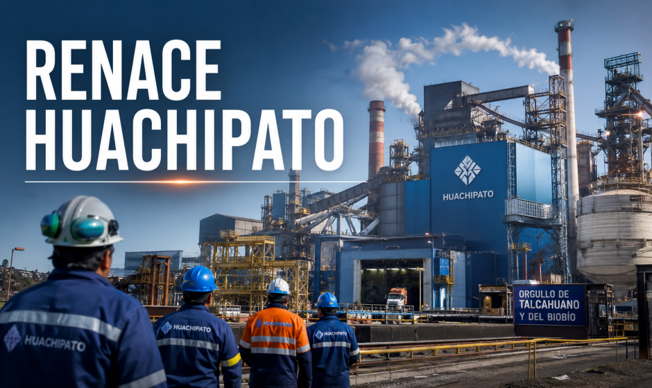 Imagen editorial de la planta industrial de Huachipato en Talcahuano con trabajadores con casco, humo controlado y texto “Renace Huachipato”, representando la reactivación del acero y el empleo en el Biobío.